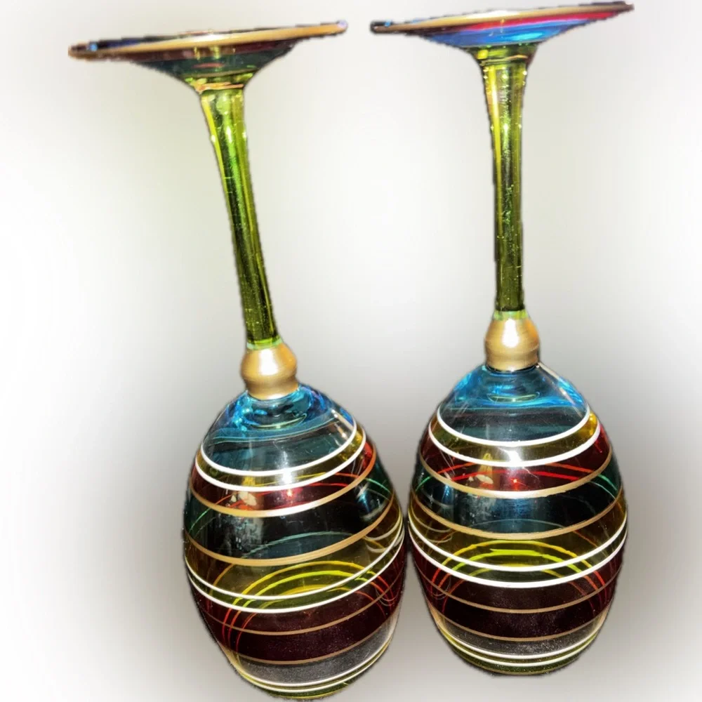 VTG Pier 1 Imports Festive Stripe Wine Glasses Set of 4 - Hand Painted Gold Gilt